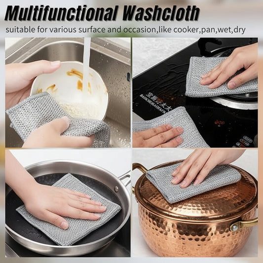 Multifunctional washcloth being used to clean a pan, stove, and other surfaces.