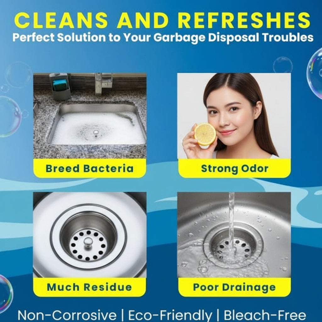 Advertisement for a solution to garbage disposal issues with images of a dirty drain and text highlighting problems and benefits.