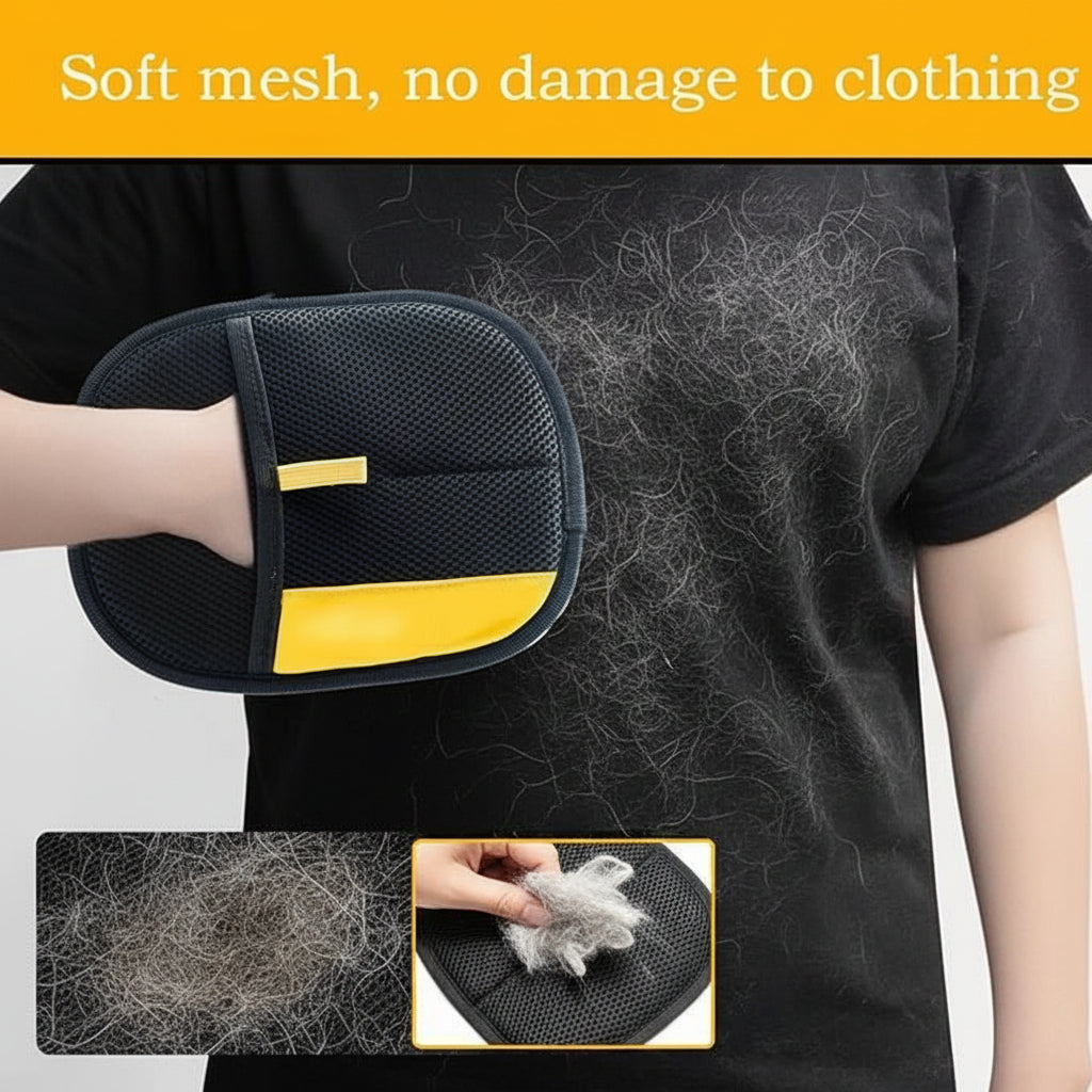 Black and yellow mesh pad being used on a black shirt with text 'Soft mesh, no damage to clothing'.