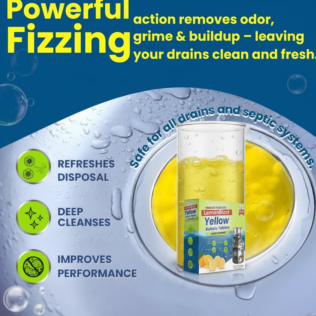 Advertisement for LemonBlast Yellow Bubble Tablets with a drain and bubbles on a blue background.
