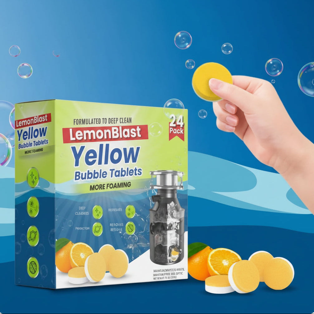 Lemon Blast Yellow Bubble Tablets packaging with a hand holding a tablet and bubbles in the background.
