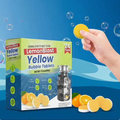 Lemon Blast Yellow Bubble Tablets packaging with a hand holding a tablet and bubbles in the background.