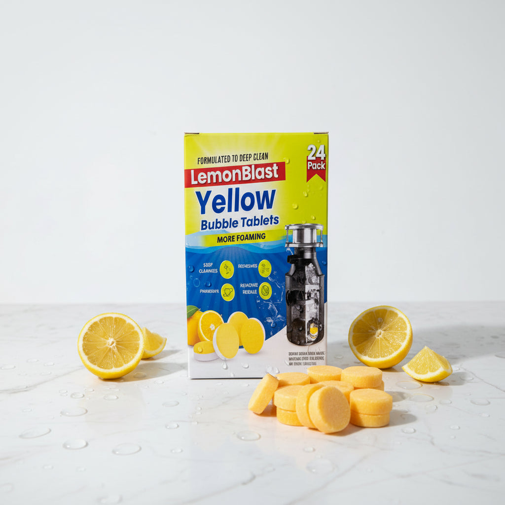 Box of Lemon Blast Yellow Bubble Tablets with lemon slices on a white background