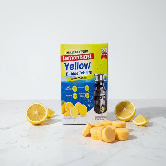 Box of Lemon Blast Yellow Bubble Tablets with lemon slices on a white background