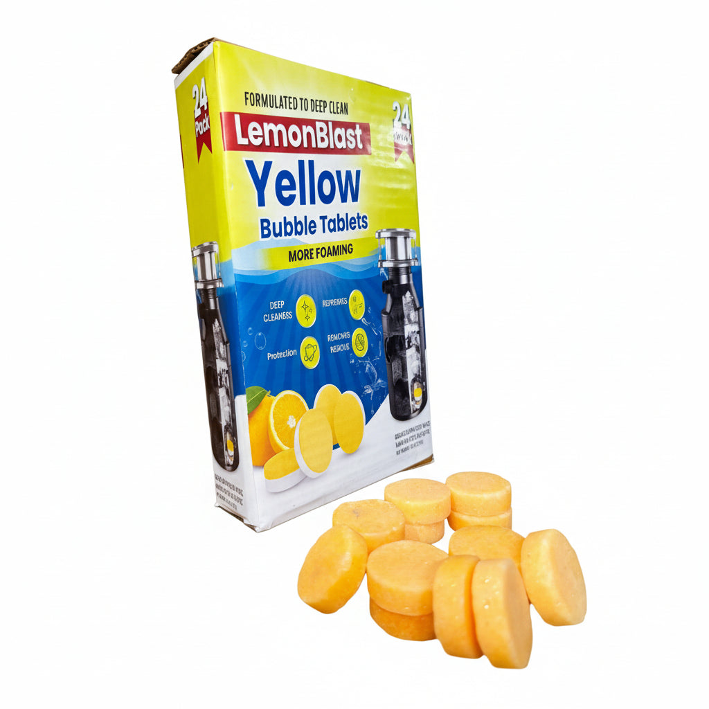 Box of Lemon Blast Yellow Bubble Tablets with tablets on a cardboard background
