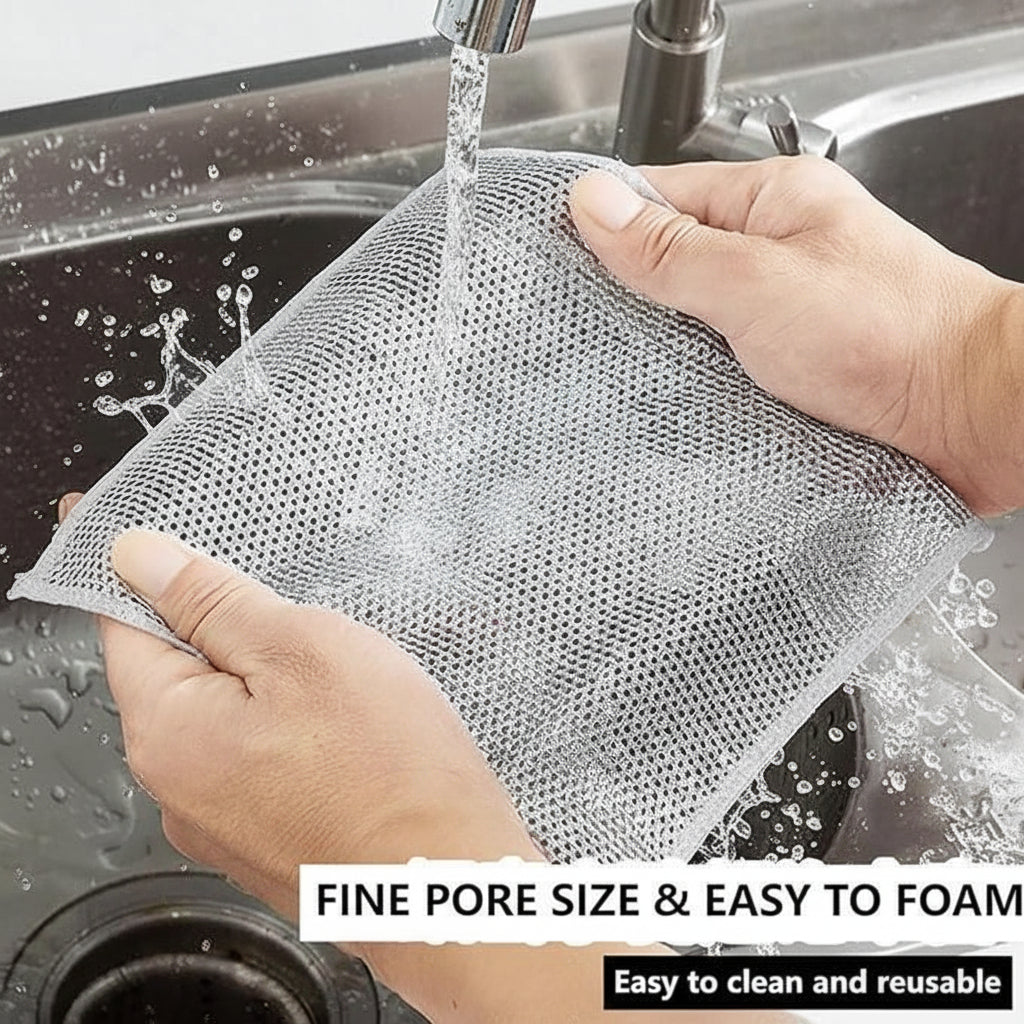 Person washing a mesh scrubber under running water in a sink with text highlighting its features.