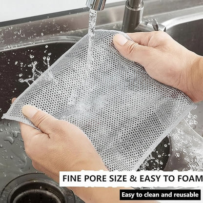 Person washing a mesh scrubber under running water in a sink with text highlighting its features.