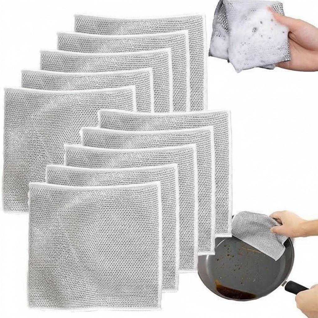 Set of reusable cleaning cloths with a close-up of hands using them on a pan.