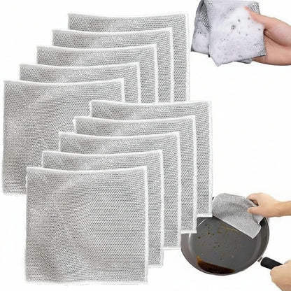 Set of reusable cleaning cloths with a close-up of hands using them on a pan.